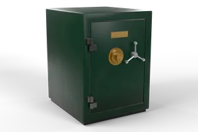 The green safe closed, seen from the front left: brass name plate, brass combination dial, chrome three-spoke handle and two black hinges