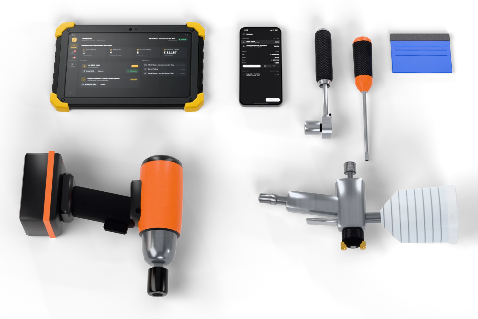 Workshop tools, tablet and invoice phone, studio render of the custom 3D model