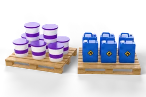 Two wooden pallets: one stacked with white tubs with purple bands and lids, the other with six blue jerrycans with hazard pictograms