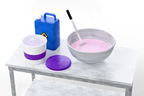 A stainless table with a steel mixing bowl of pink liquid and a stirring paddle, a blue jerrycan with a hazard pictogram, an open white tub with a purple band and its lid
