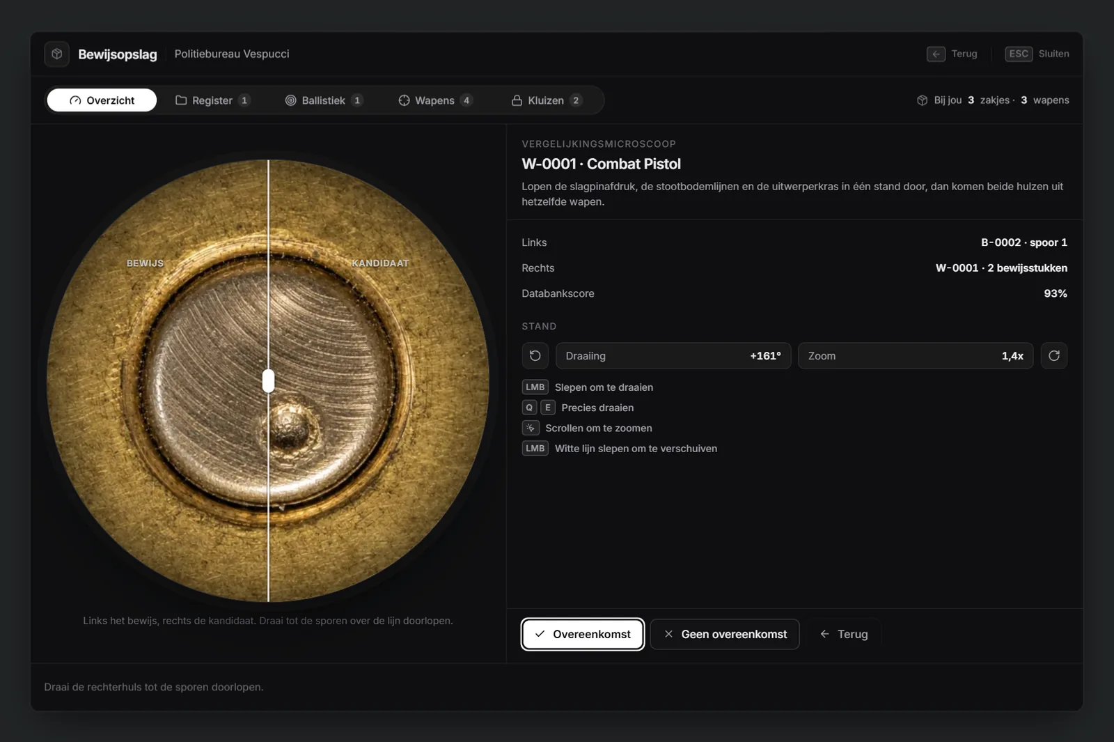 Comparison microscope: evidence casing and candidate side by side with rotation and zoom controls and a 93% database score