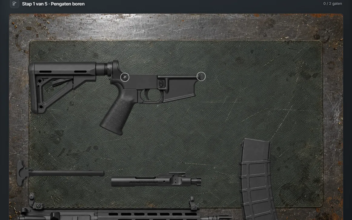 Gunsmith workbench minigame on a worn steel bench, step 1 of 5: drilling pin holes in a rifle lower receiver