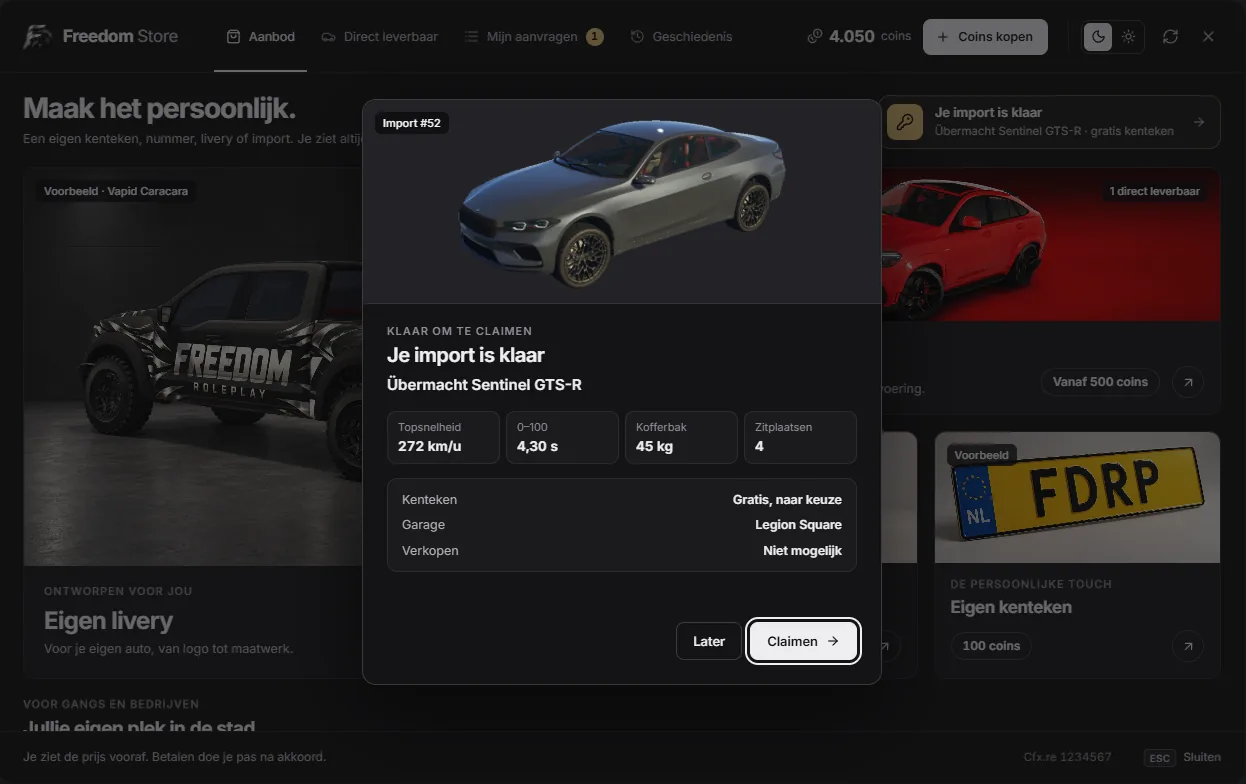 In-game store with a 'your import is ready' popup: car photo, top speed, 0-100, trunk, seats, free plate and a claim button
