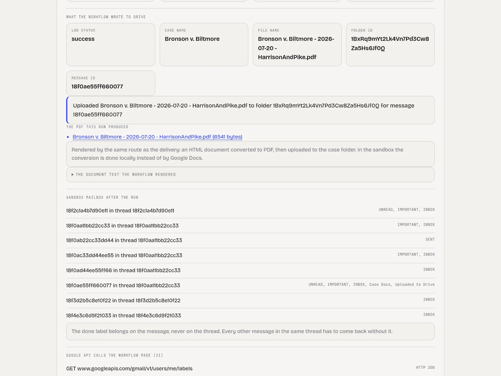 Result panel showing the file name, the log line, the produced PDF and the labels in the sandbox mailbox
