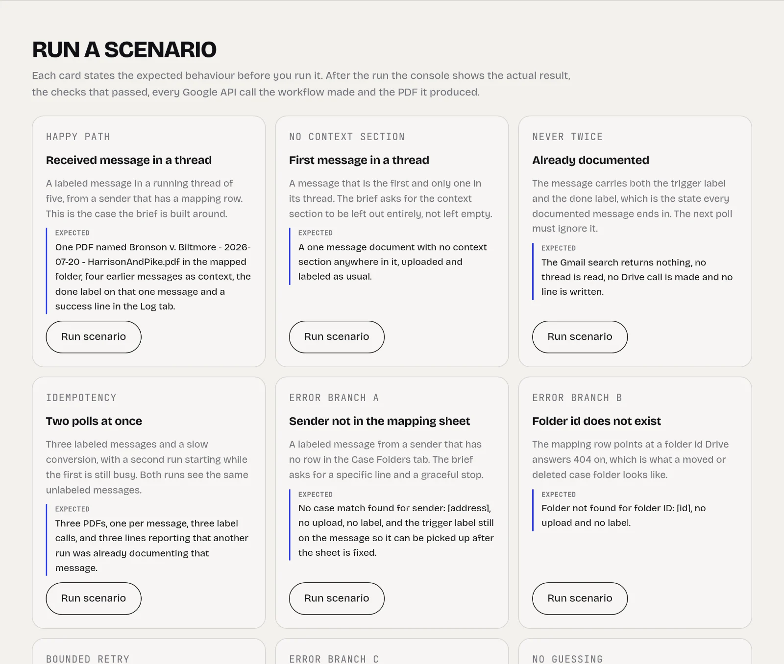Scenario cards on the demo console, each stating the expected behaviour before the run