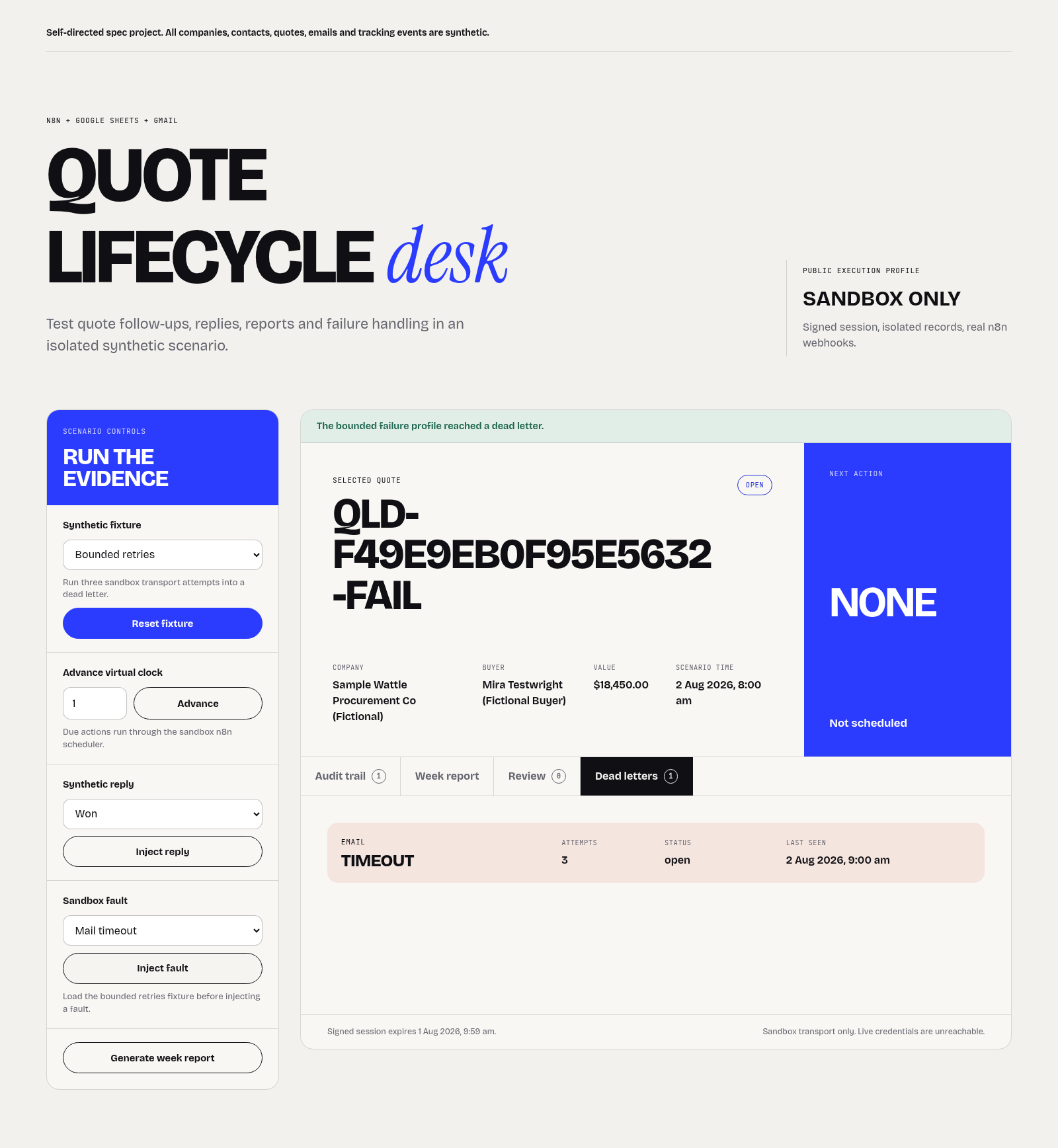 Quote Lifecycle Desk dead-letter view showing one mail timeout after three attempts