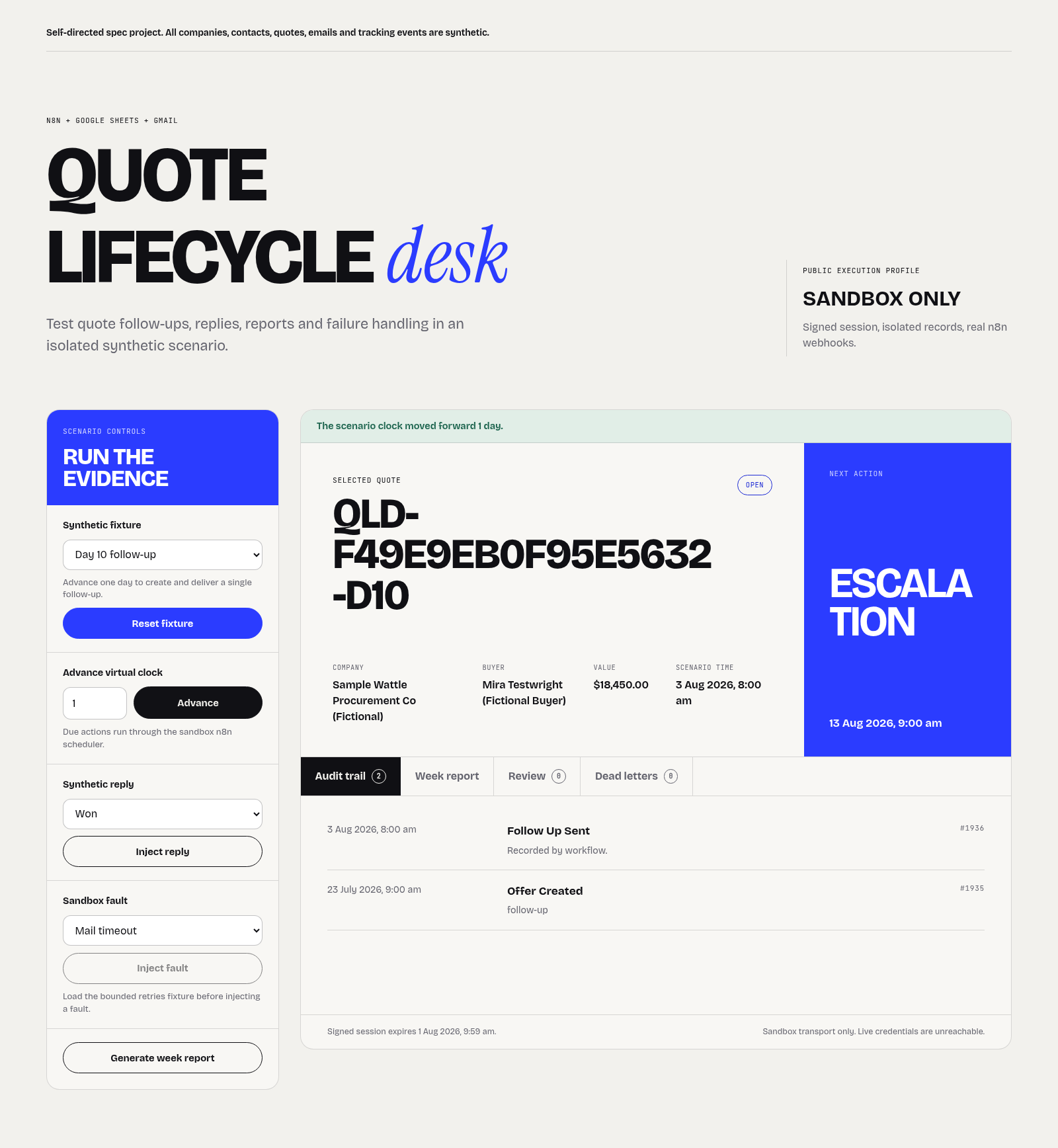 Quote Lifecycle Desk after a day-10 follow-up, showing the next escalation and two audit events