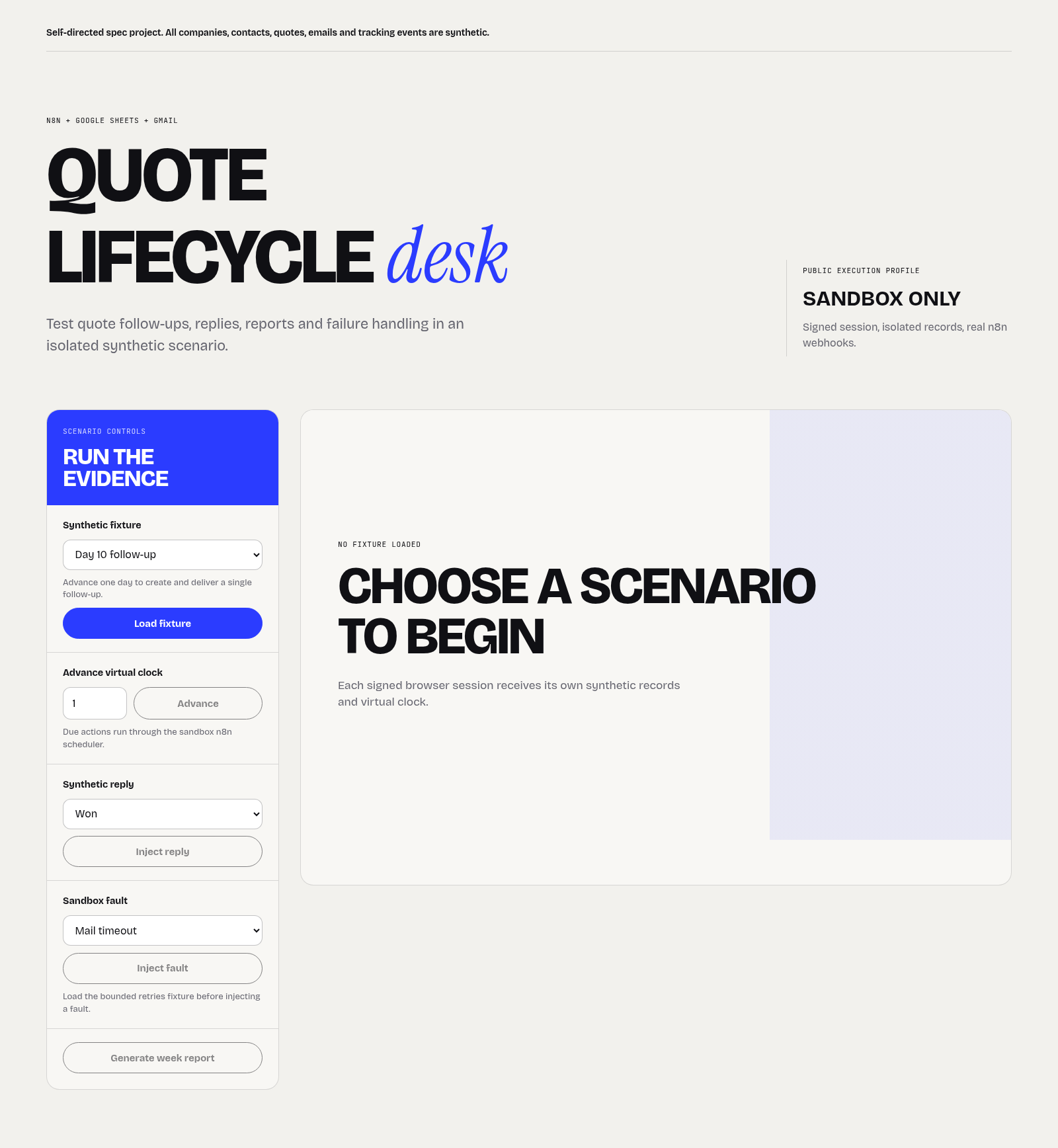 Quote Lifecycle Desk public sandbox showing scenario controls and an empty isolated workspace