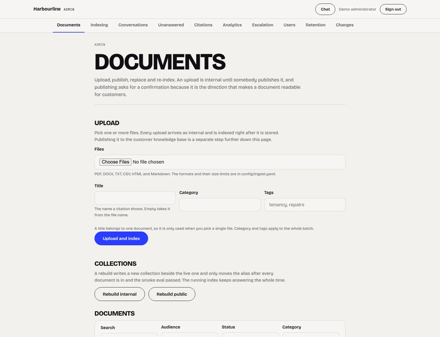 Admin document page with the upload form, the collection rebuild controls and the document list