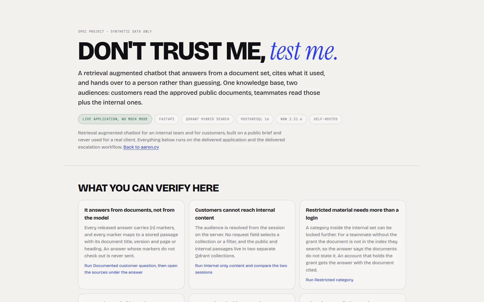 Proof console listing the nine behaviours a visitor can verify on the RAG chatbot demo