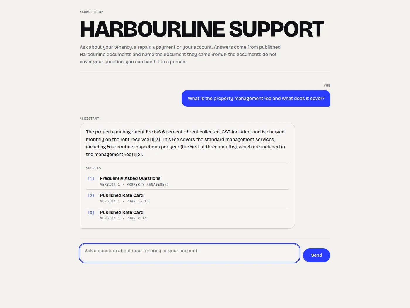The customer chat page answering a question about the management fee with three cited sources